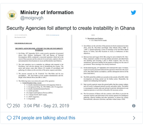 Twitter post by @moigovgh: Security Agencies foil attempt to create instability in Ghana 
