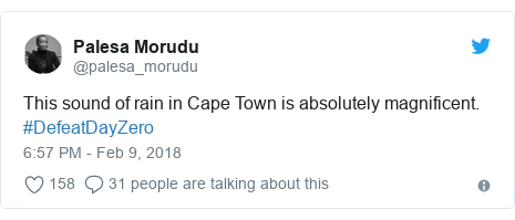 Twitter post by @palesa_morudu: This sound of rain in Cape Town is absolutely magnificent. #DefeatDayZero