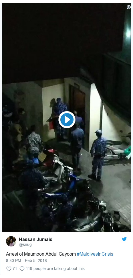 Twitter post by @snug: Arrest of Maumoon Abdul Gayoom #MaldivesInCrisis 