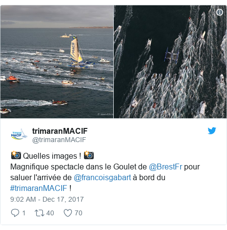 Twitter post by @trimaranMACIF: 📸 Quelles images ! 📸Magnifique spectacle dans le Goulet de @BrestFr pour saluer l'arrivée de @francoisgabart à bord du #trimaranMACIF ! 