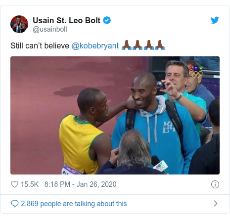 Twitter post by @usainbolt: Still can’t believe ⁦@kobebryant⁩ 🙏🏿🙏🏿🙏🏿🙏🏿 