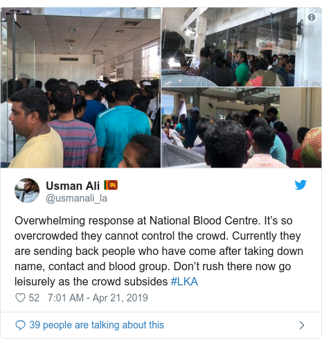 Twitter post by @usmanali_la: Overwhelming response at National Blood Centre. It’s so overcrowded they cannot control the crowd. Currently they are sending back people who have come after taking down name, contact and blood group. Don’t rush there now go leisurely as the crowd subsides #LKA 