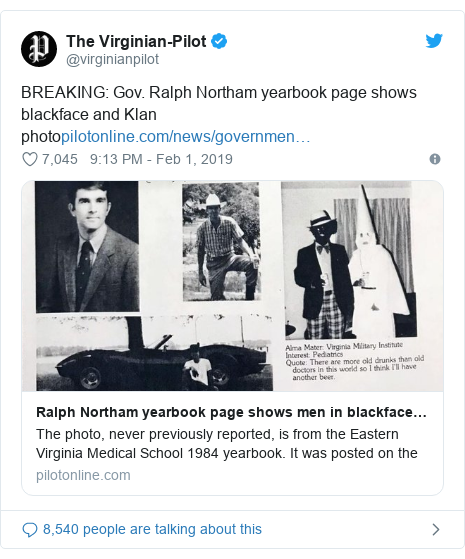 Twitter post by @virginianpilot: BREAKING  Gov. Ralph Northam yearbook page shows blackface and Klan photo