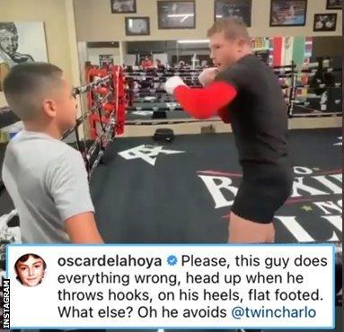 Oscar de la Hoya comments on a picture of Saul Canelo Alvarez with :"Pleaste this guy does everything wrong, head up when he throws hooks, on his heels, flat footed."