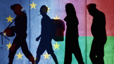 Artwork of three migrants and a soldier, with EU and Belarus flags behind