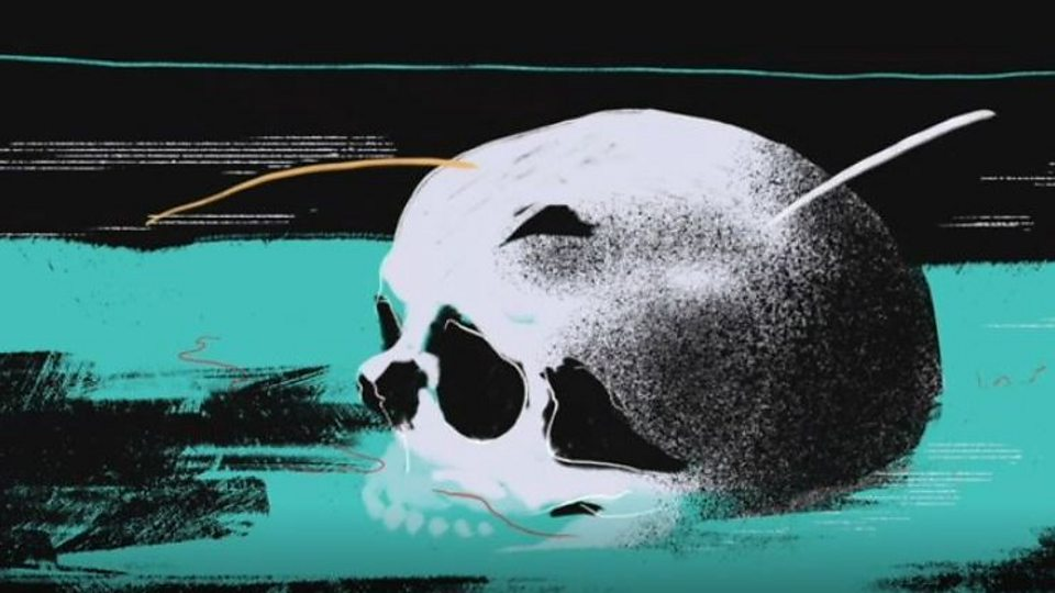 An illustration of a skull on a lake