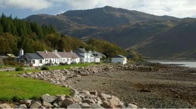 Row of white buildings in Inverie on the Knoydart Peninsula, Inverness-shire
