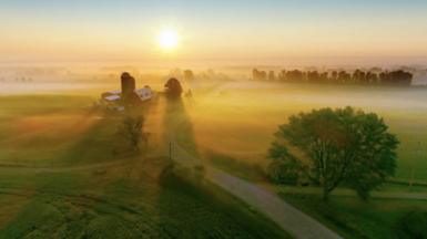 Aerial shot of US farm at sunrise