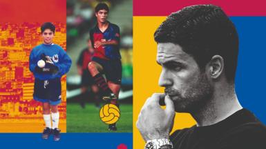 Mikel Arteta alongside images of himself playing for Barcelona in the 2000s and as a child