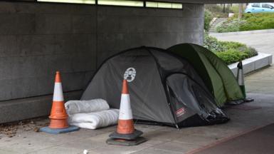 Homeless people sleeping in tents in an underpass in Milton Keynes in March 2020