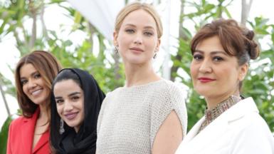 Jennifer Lawrence pictured with director Sahra Mani and producer Justine Ciarrocchi at the Cannes film festival