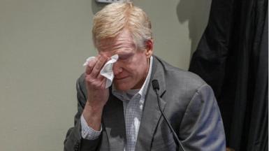 Alex Murdaugh becomes emotional as defence attorney Jim Griffin questions him on the witness stand during his murder trial