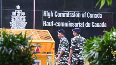 Heavy security deployed at High Commission of Canada on September 19, 2023 in New Delhi, India.