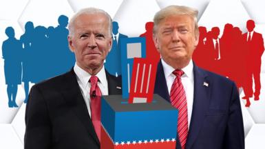 Illustration of Joe Biden and Donald Trump behind a ballot box