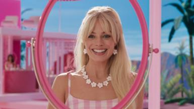 Margot Robbie on set in the Barbie movie