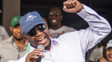 Sam Matekane gestures as he addresses supporters in Maseru, Lesotho - 8 October 2022