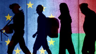 Artwork of three migrants and a soldier, with EU and Belarus flags behind