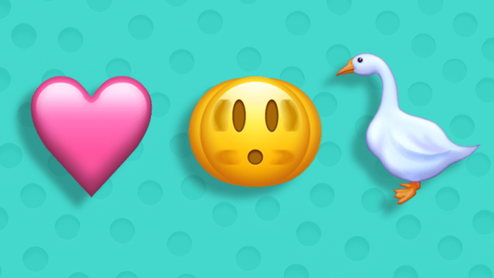 Emojis for a pink heart, shaking head, and goose