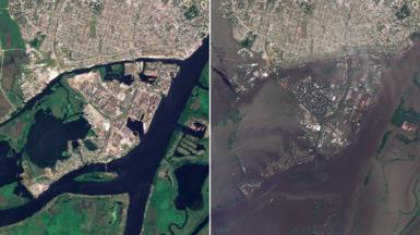 Side-by-side image showing River Dnipro in Kherson before and after the flooding