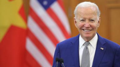 US President Joe Biden speaks to the media after a meeting with Vietnam's Communist Party General Secretary Nguyen Phu Trong at the Communist Party of Vietnam Headquarters in Hanoi