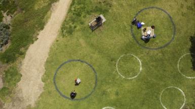 Aerial view of circles drawn on grass to mark out social distancing in Melbourne, at the height of the pandemic