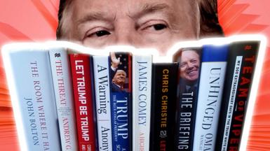 A composite showing President Trump and some of the books written about him