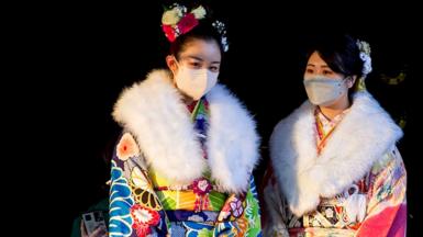 Women in traditional kimono visit Senso-ji temple in Tokyo, Japan, to celebrate Seijin no Hi (Coming of Age Day) on 10 January 2022