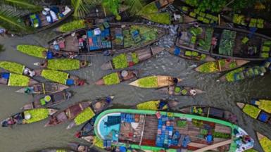 Aerial shot of boats on river in Bangladesh