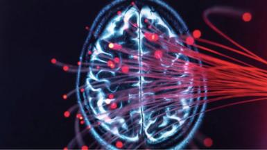 Brain scan image with red fibre optics