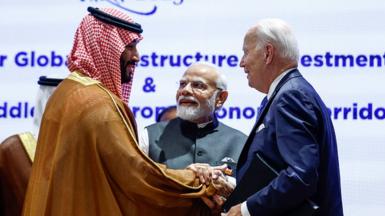 Saudi Arabia's Crown Prince and Prime Minister Mohammed bin Salman (L), India's Prime Minister Narendra Modi (C) and US President Joe Biden attend a session as part of the G20 Leaders' Summit at the Bharat Mandapam in New Delhi on September 9, 2023