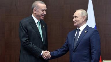 Turkish President Recep Tayyip Erdogan (left) shakes hands with his Russian counterpart Vladimir Putin. File photo