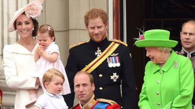 Catherine, Duchess of Cambridge, Princess Charlotte, Prince George, Prince William, Duke of Cambridge, Prince Harry and Queen Elizabeth II attend the Trooping the Colour in 2016