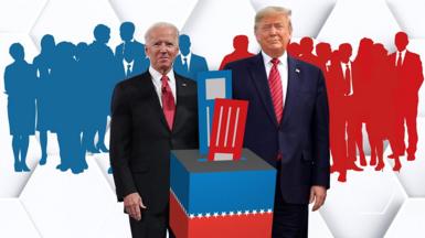 Illustration of Joe Biden and Donald Trump behind a ballot box