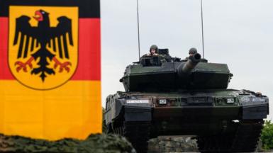 A Leopard 2 A7V battle tank after an event to mark the reception of the first units of the new tank on September 15, 2021 in Bad Frankenhausen, Germany. Panzerbataillon 393 is part of NATO's Very High Readiness Joint Task Force (VJTF). (Photo by Jens Schlueter/Getty Images)