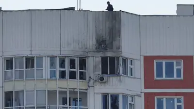 A view shows a damaged multi-storey apartment block following a reported drone attack in Moscow, Russia, May 30, 2023.