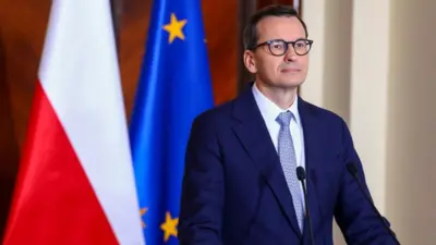 Polish Prime Minister Mateusz Morawiecki during a press conference