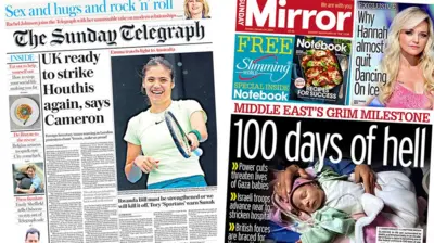 The main headline on the front page of the Sunday Telegraph reads: "UK ready to strike Houthis again, says Cameron" and the headline on the front page of the Sunday Mirror reads: "100 days of hell"