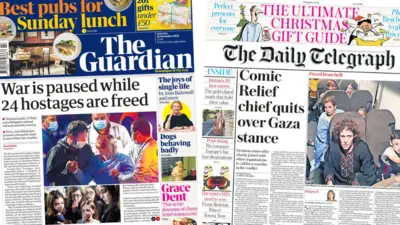 The Guardian and daily telegraph front pages on Saturday