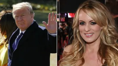 Collage photograph of Mr Trump and his wife, Melania and adult film star Stormy Daniels
