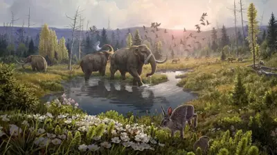 Ilustración de mastodontes y otros animales que vivieron en Groenlandia hace dos millones de años