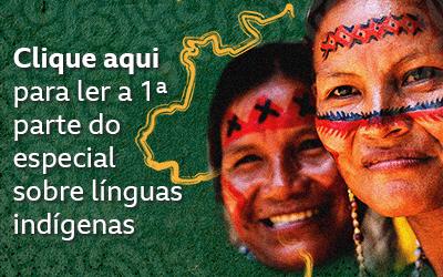 Mulheres tupinambá sobre silhueta do mapa do Brasil e motivos indígenas