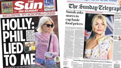 The headline on the front page of the Sun on Sunday reads 'Holy: Phil lied to me' and the headline on the front page of the Sunday Telegraph reads 'Sunak asks stores to cap basic food prices'