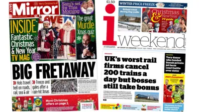 The headline of the Mirror reads: "Big fretaway: Hols travel hell on roads, rail, sea and air". The headline of the i weekend reads: "UK's worst rail firms cancel 200 trains a day but bosses still take bonus".
