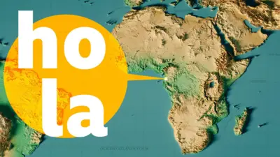 Diseño de África señalando a Guinea Ecuatorial con un globo de diálogo que dice "Hola".