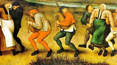 Ilustração medieval mostra pessoas dançando em um cenário rural