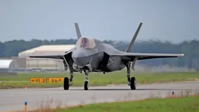 An RAF F35 Lightning II (F-35) Stealth fighter aircraft takes off at Beaufort US Marines Air Base in Beaufort Savannah, USA in 2018