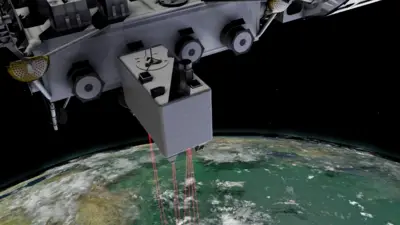 Ilustración que muestra a GEDI disparando láser desde la Estación Espacial Internacional