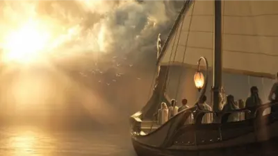 A scene from the first episode of Rings of Power shows a boat sailing