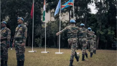 Des militaires indiens de la Monusco, la mission de l'ONU en République démocratique du Congo, assistent à une cérémonie en l'honneur des soldats de la paix qui sont morts lors de violentes manifestations contre la Monusco, à Goma, le 1er août 2022.