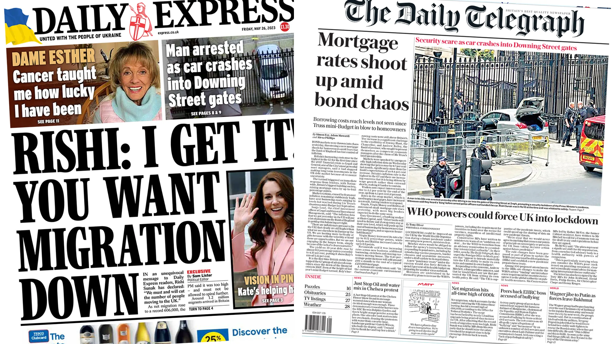 The headline in the Express reads, "Rishi: I get it! You want migration down", while the headline in the Telegraph reads, "Mortgage rates shoot up amid bond chaos"